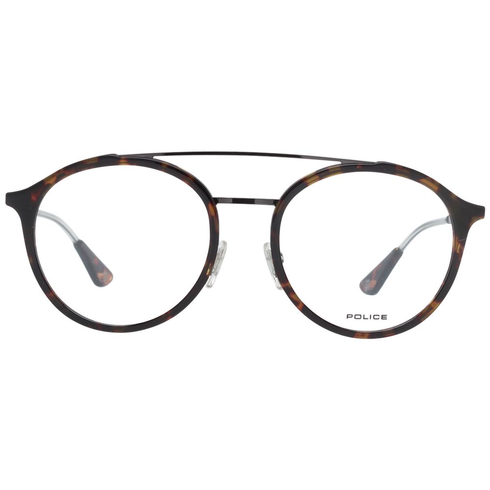 Police Brown Men Glasses Frame with full-rim, aviator style, metal and plastic material, demo lenses, suitable for men.