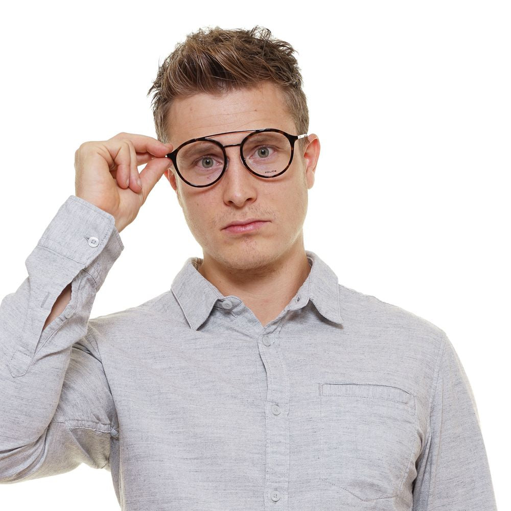 Man wearing Police Brown Men Glasses Frame with a full-rim design, metal and plastic material, and aviator style.