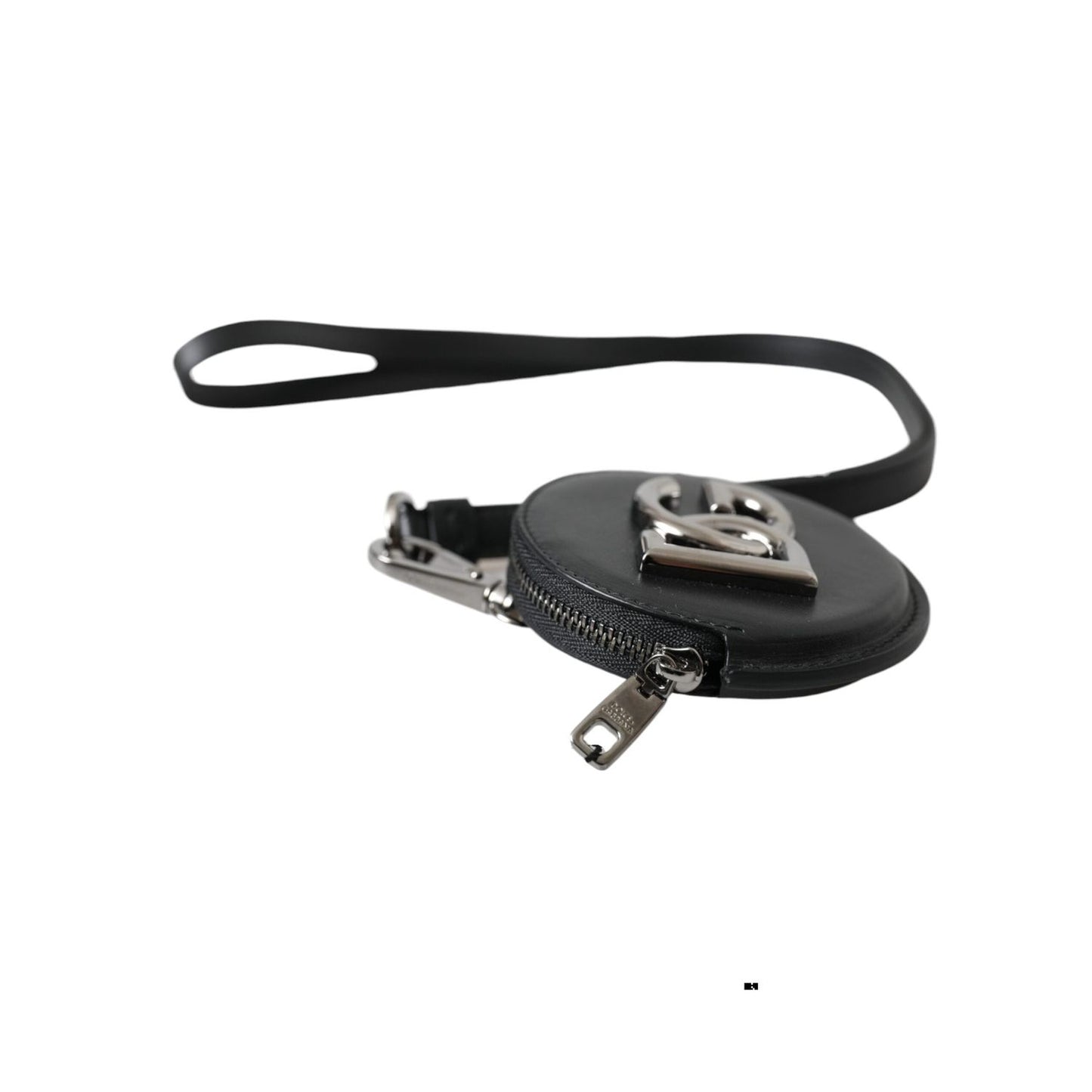 Dolce & Gabbana Black Round Leather DG Logo Coin Purse Lanyard Wallet