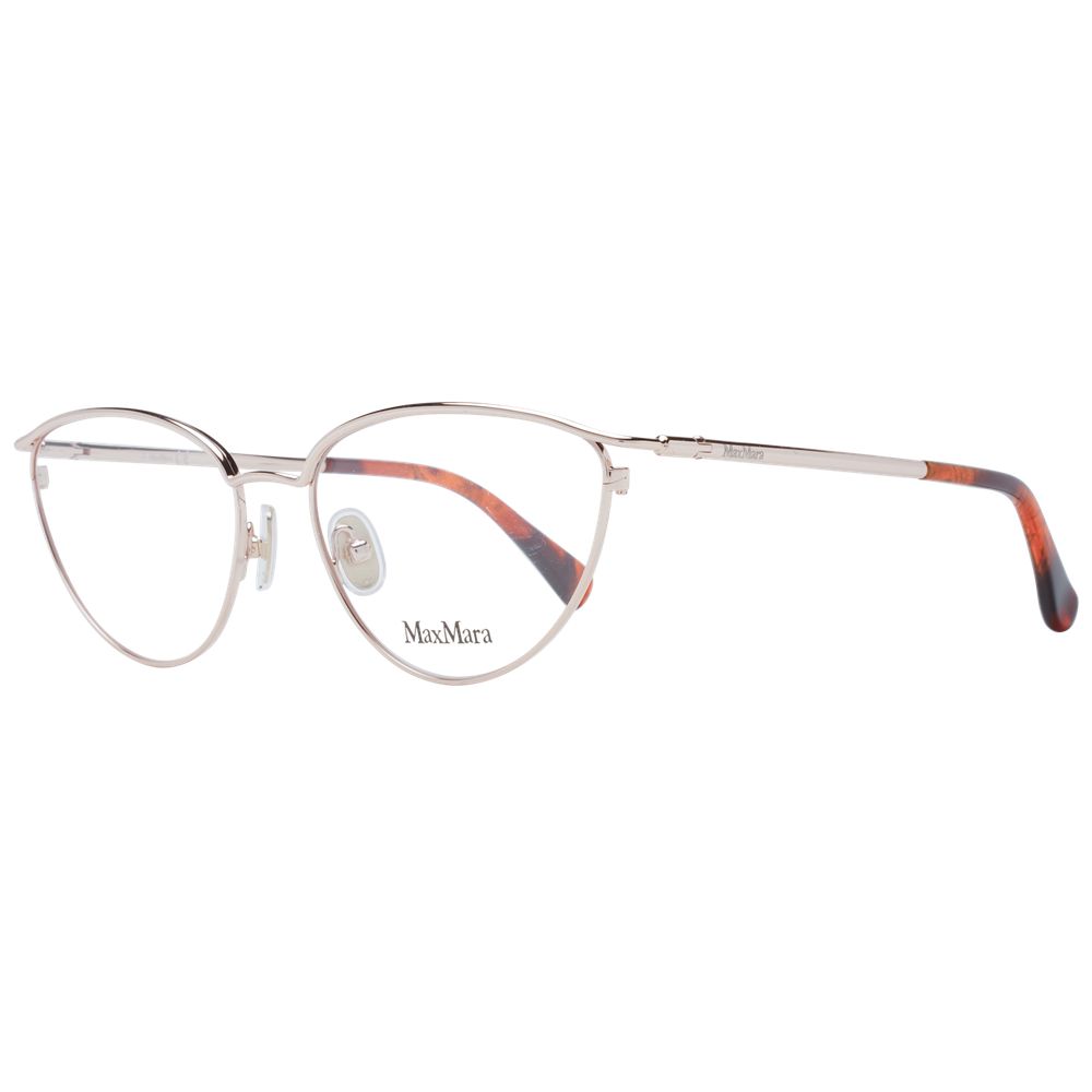 Max Mara Rose Gold Women Glasses Frame, full-rim cat eye style with metal frame and demo lenses, includes branded case for shipment.