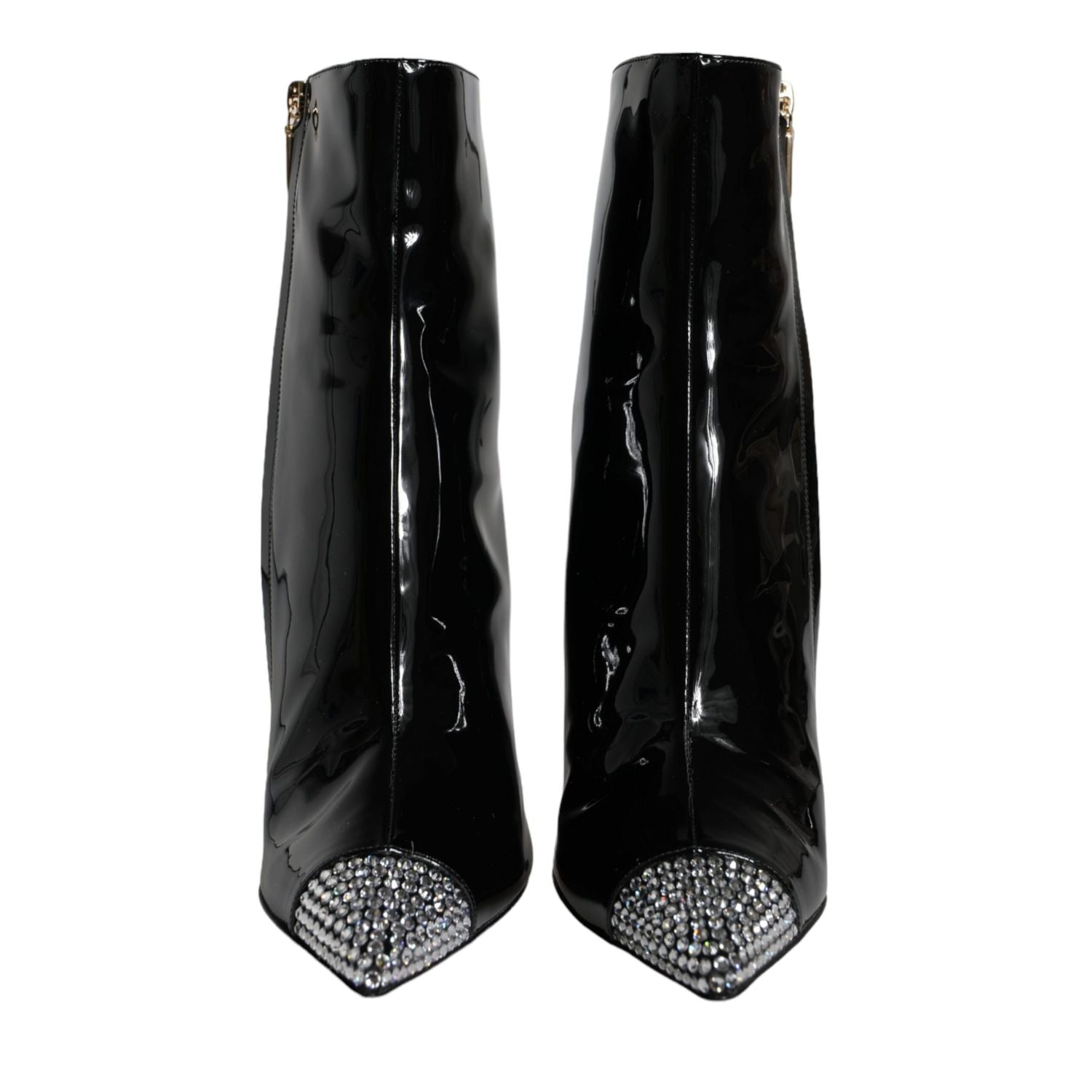 Dolce & Gabbana Black Patent Leather Crystal Heel Boots Shoes