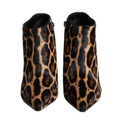 Dolce & Gabbana Brown Leopard Calf Fur Heels Ankle Boots Shoes