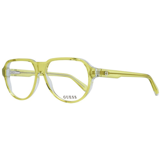 Guess Yellow Men Glasses Frame, yellow plastic full-rim aviator style with demo lenses, size 56-14-145, includes branded case