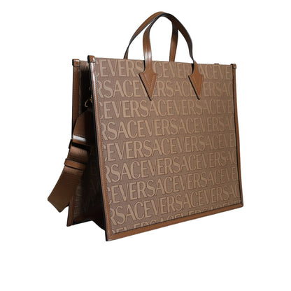 Versace Brown Top Handle Jacquard Leather Logo Crossbody Tote Bag