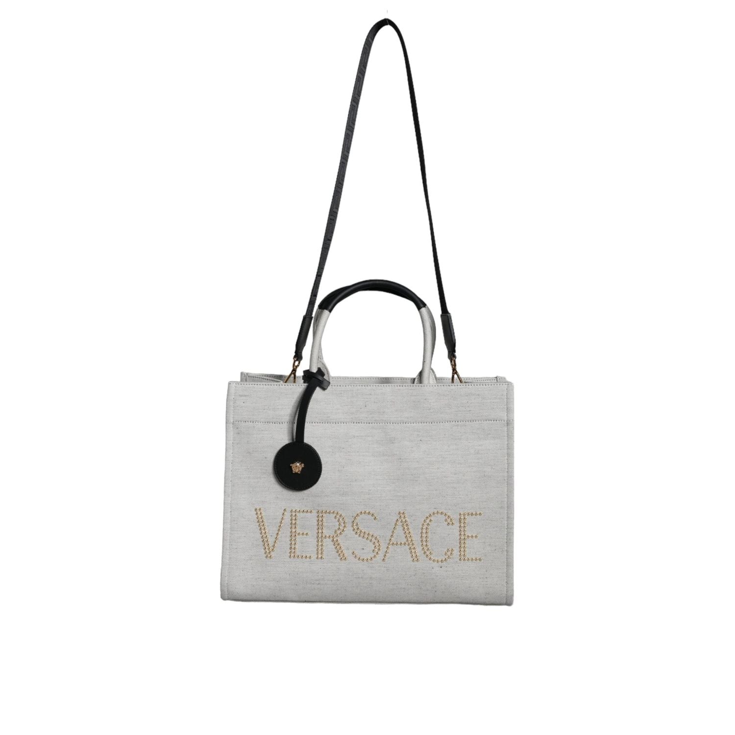 Versace White Top Handle Canvas Leather Logo Crossbody Tote Bag
