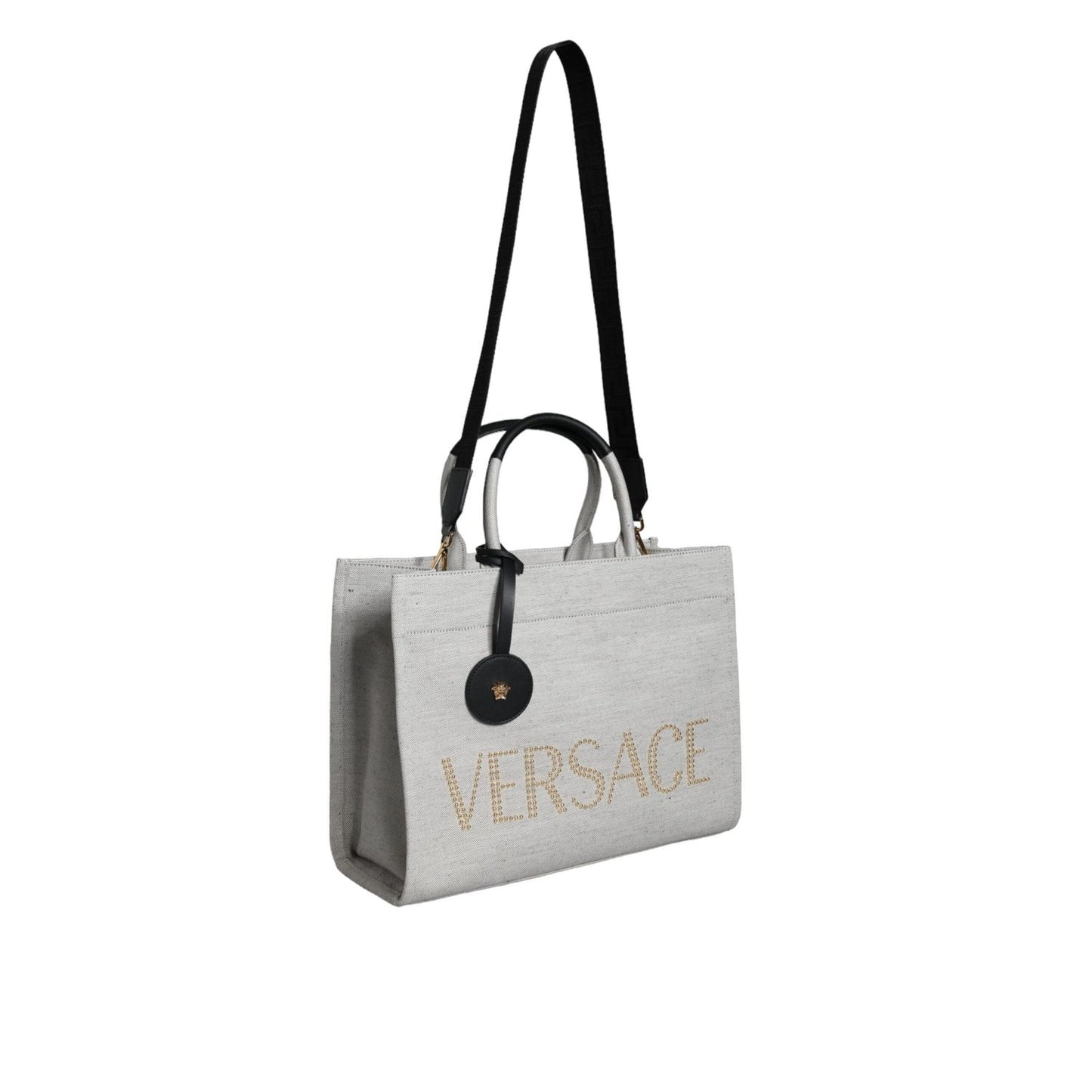 Versace White Top Handle Canvas Leather Logo Crossbody Tote Bag