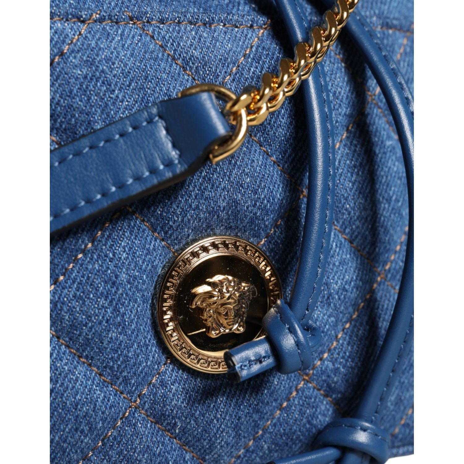 Versace Blue Quilted Denim Leather Crossbody Shoulder Bag
