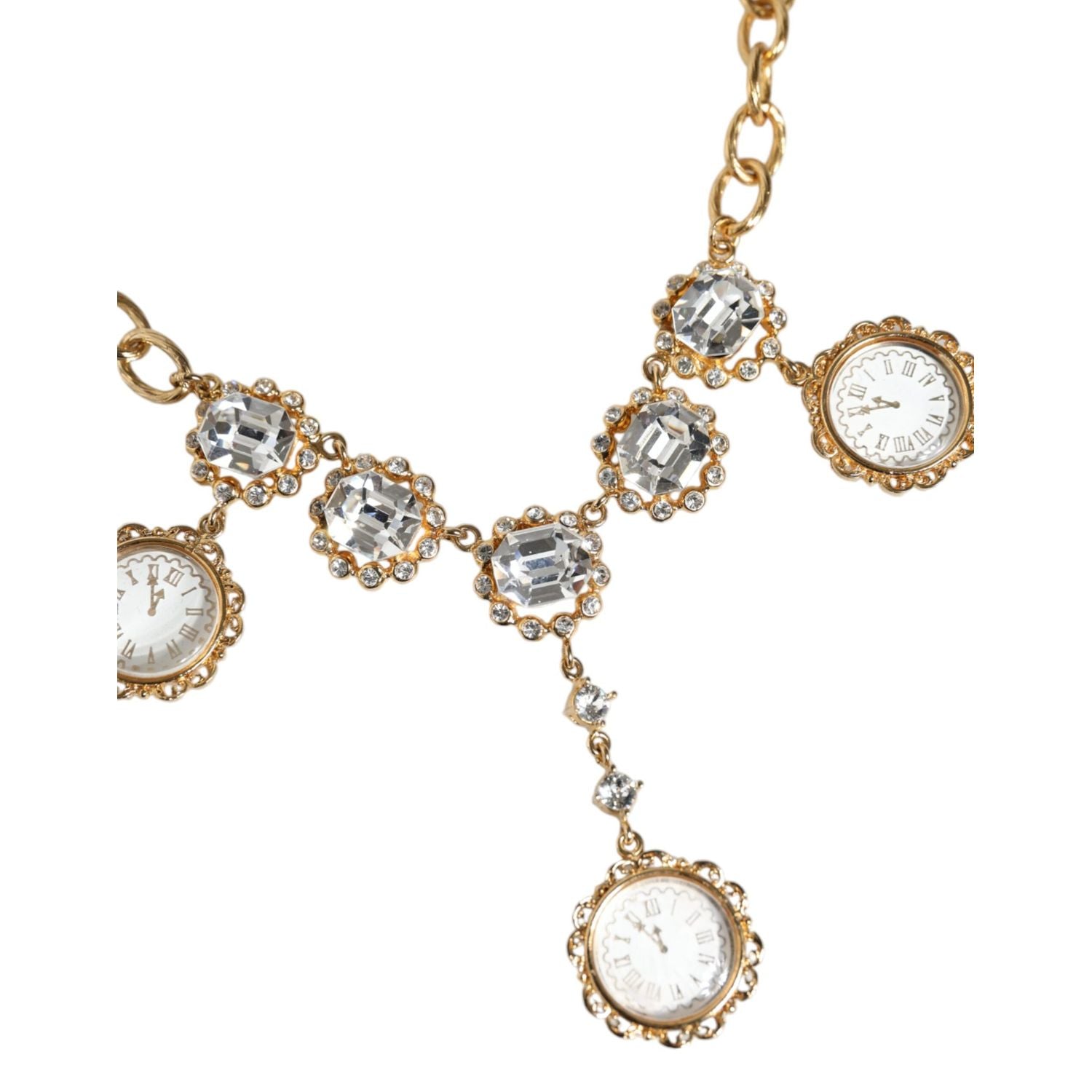 Dolce & Gabbana Gold Chain Brass Crystal Clock Statement Necklace