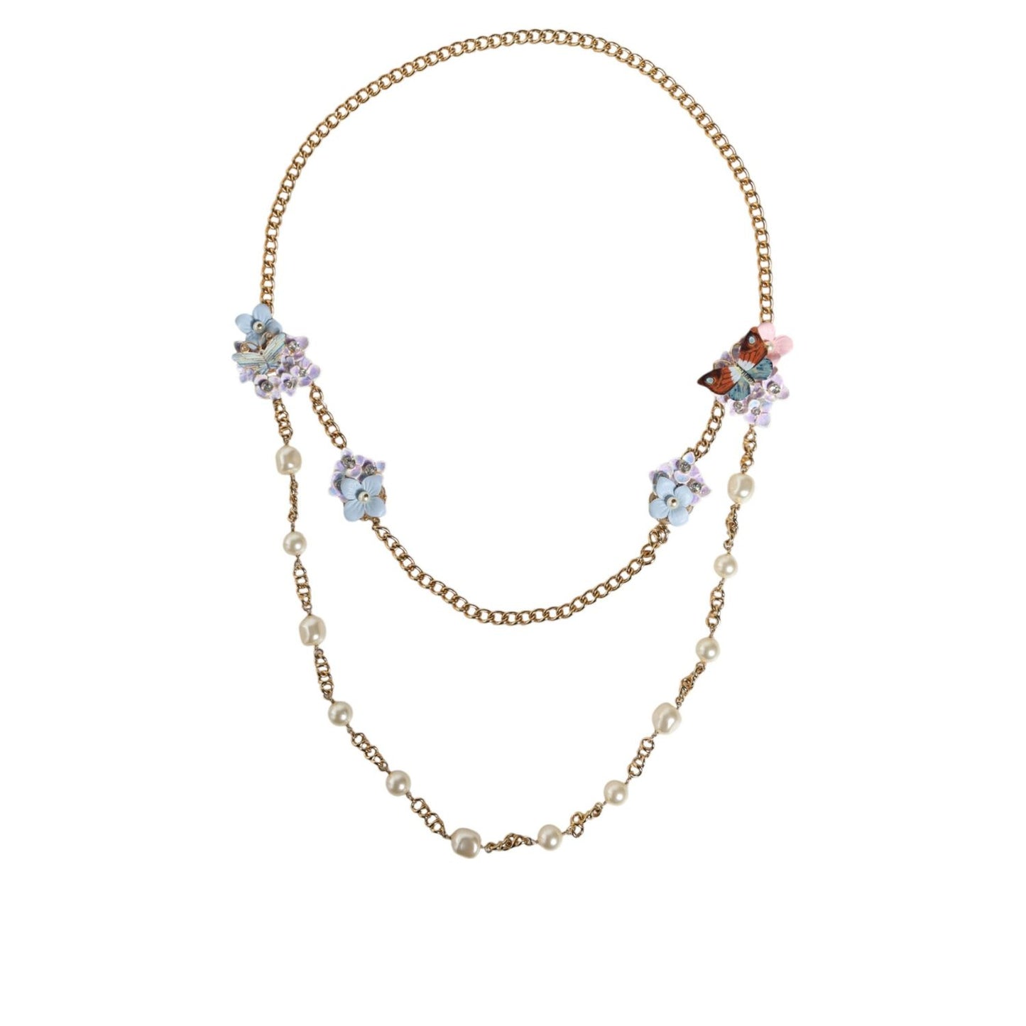 Dolce & Gabbana Gold Chain Brass Floral Layered Crystal Pearl Necklace Necklace