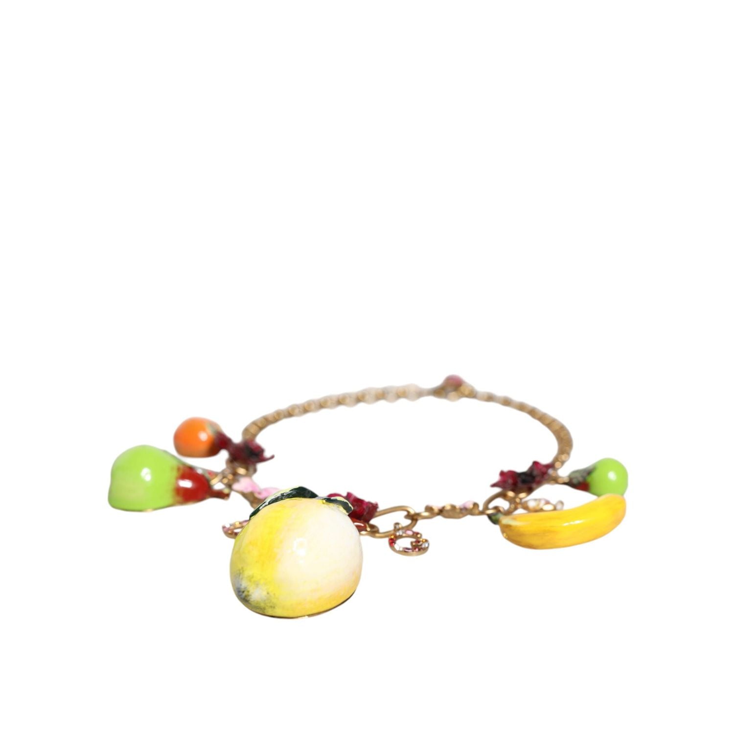 Dolce & Gabbana Gold Brass FRUIT Pendants Flowers Crystal Logo Necklace