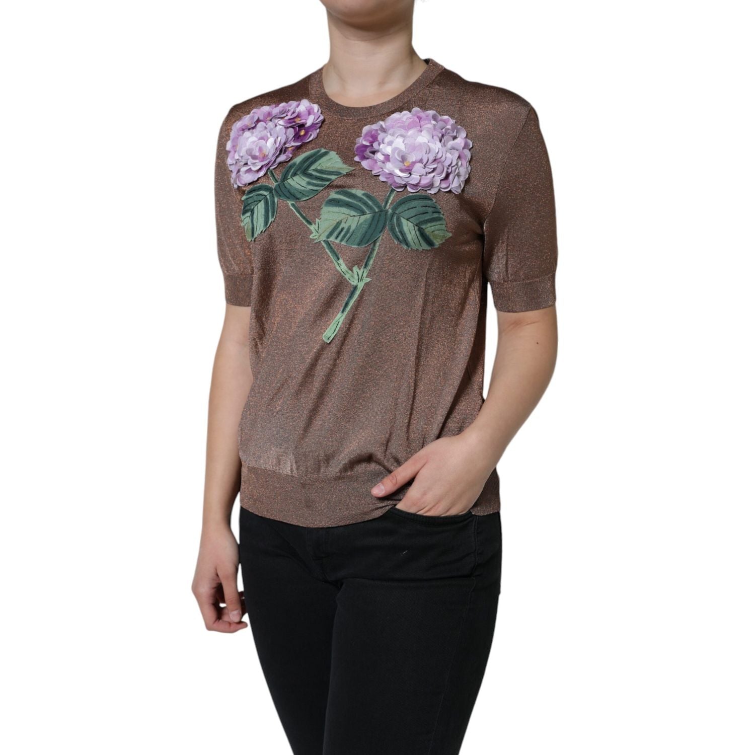 Dolce & Gabbana Brown Floral Applique Viscose Short Sleeve Top
