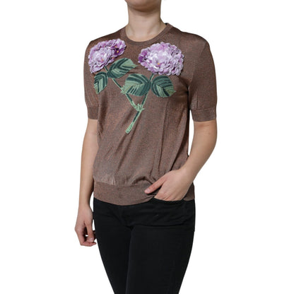 Dolce & Gabbana Brown Floral Applique Viscose Short Sleeve Top