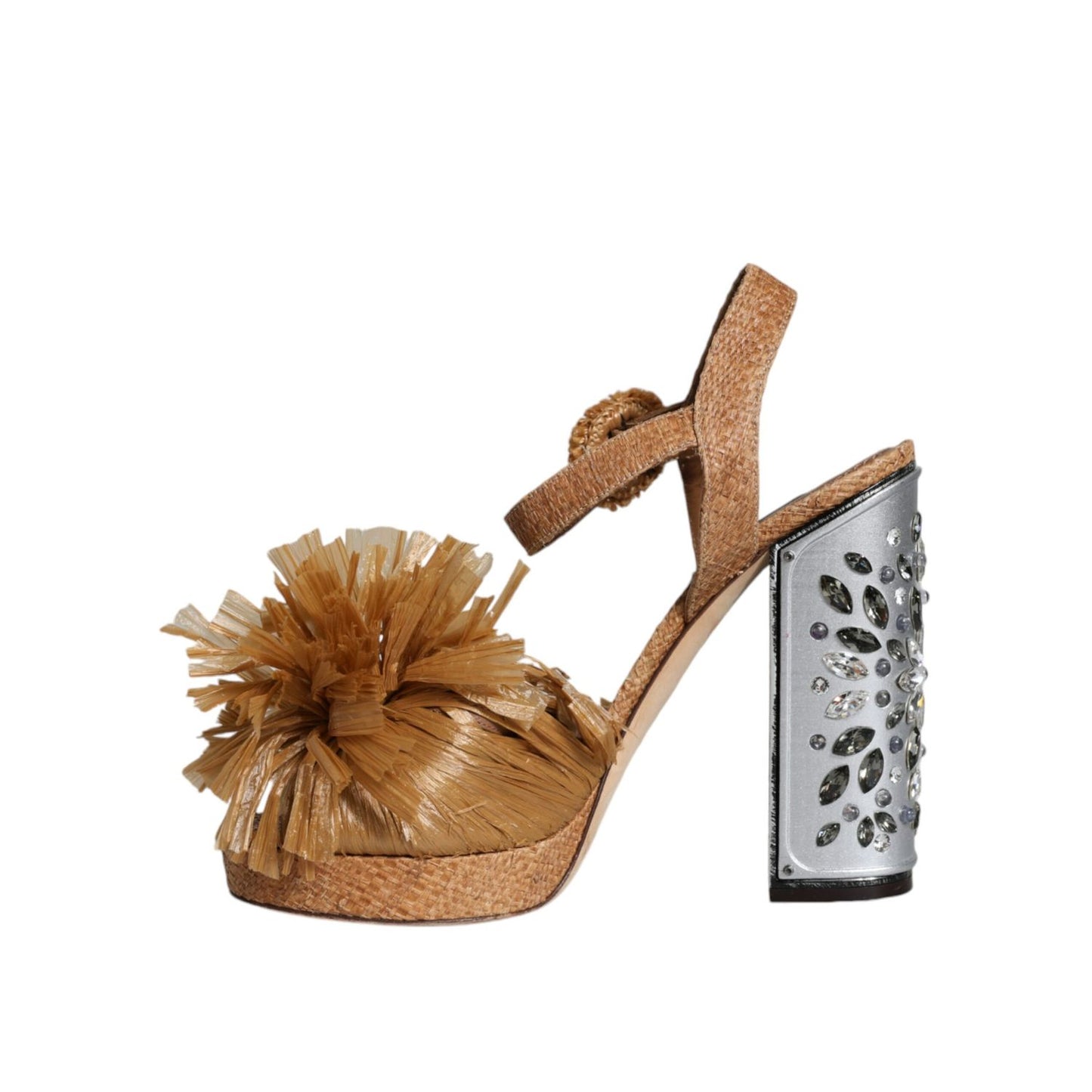 Dolce & Gabbana Brown Raffia Ankle Strap Crystal Sandals Shoes