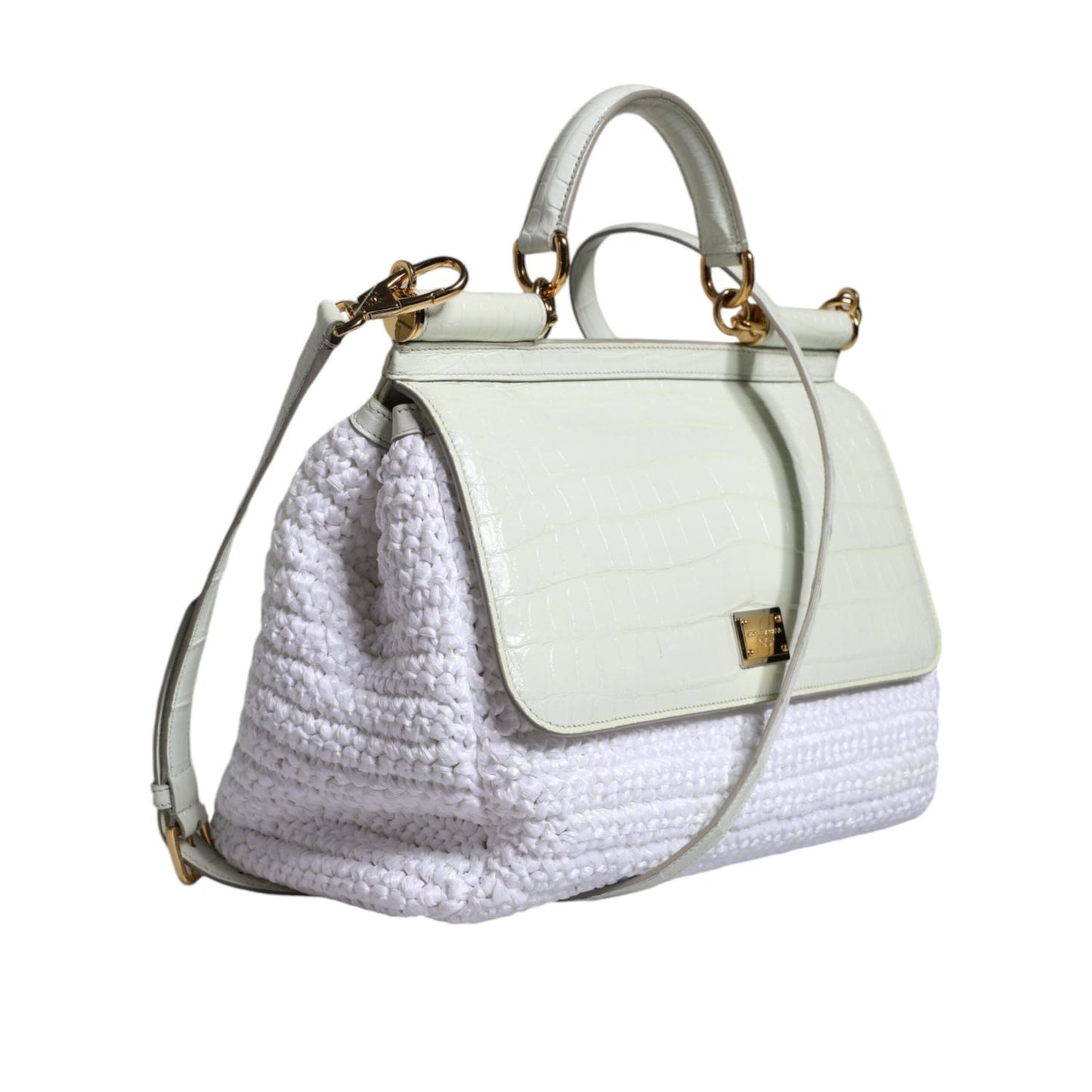 Dolce & Gabbana White Rafia Leather Top Handle Crossbody Bag