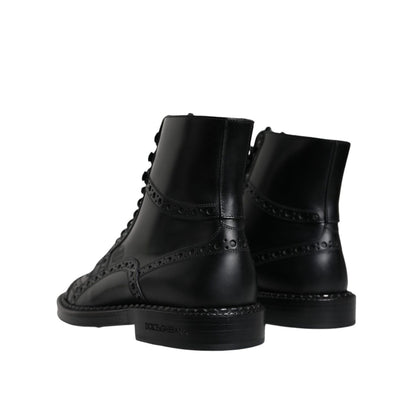Dolce & Gabbana Black Leather Lace Up Mid Calf Boots Shoes