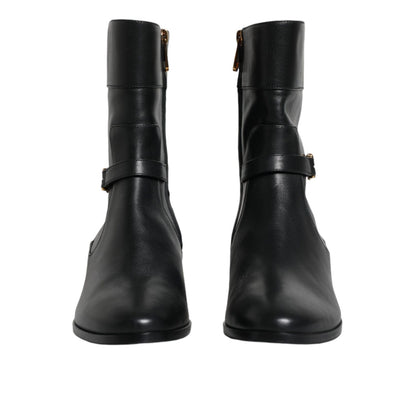 Dolce & Gabbana Black Leather Logo Mid Calf Boots Shoes