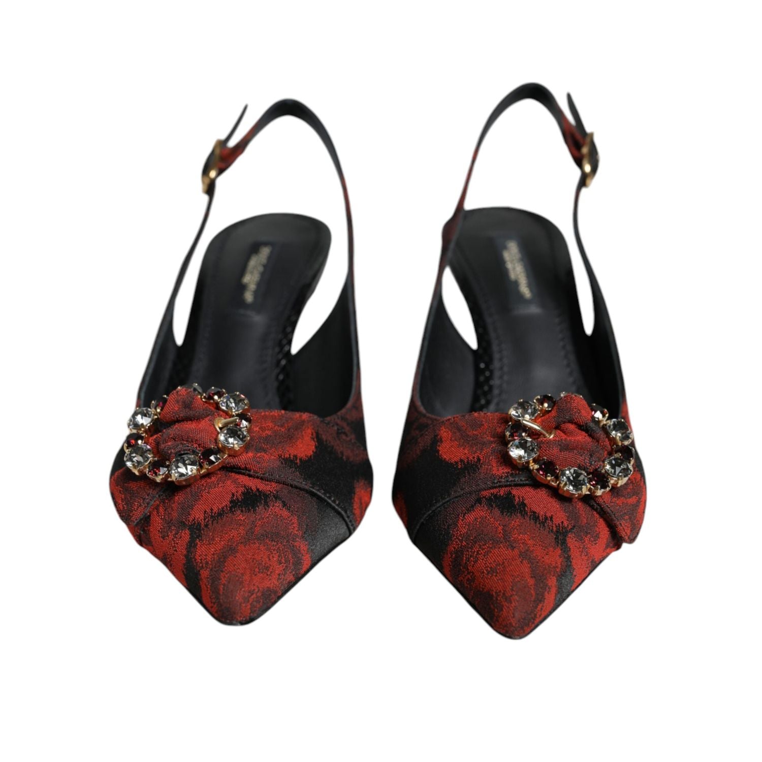 Dolce & Gabbana Black Red Floral Crystal Heel Slingback Shoes