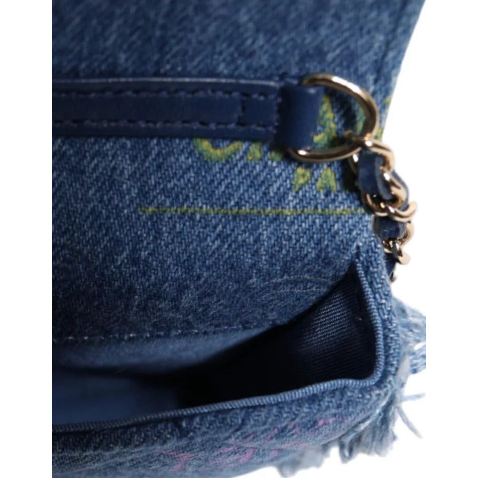 Chanel Denim Mood Flap Micro Logo Printed Fringed Shoulder Bag