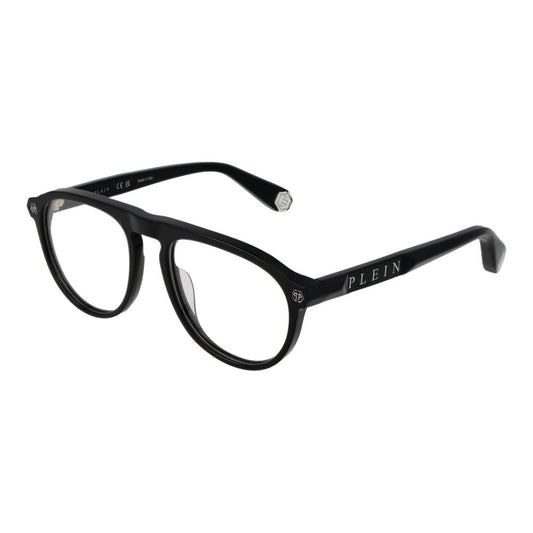 Philipp Plein Black Men Glasses Frame in full-rim style made of cellulose acetate with round lenses and branded temples.