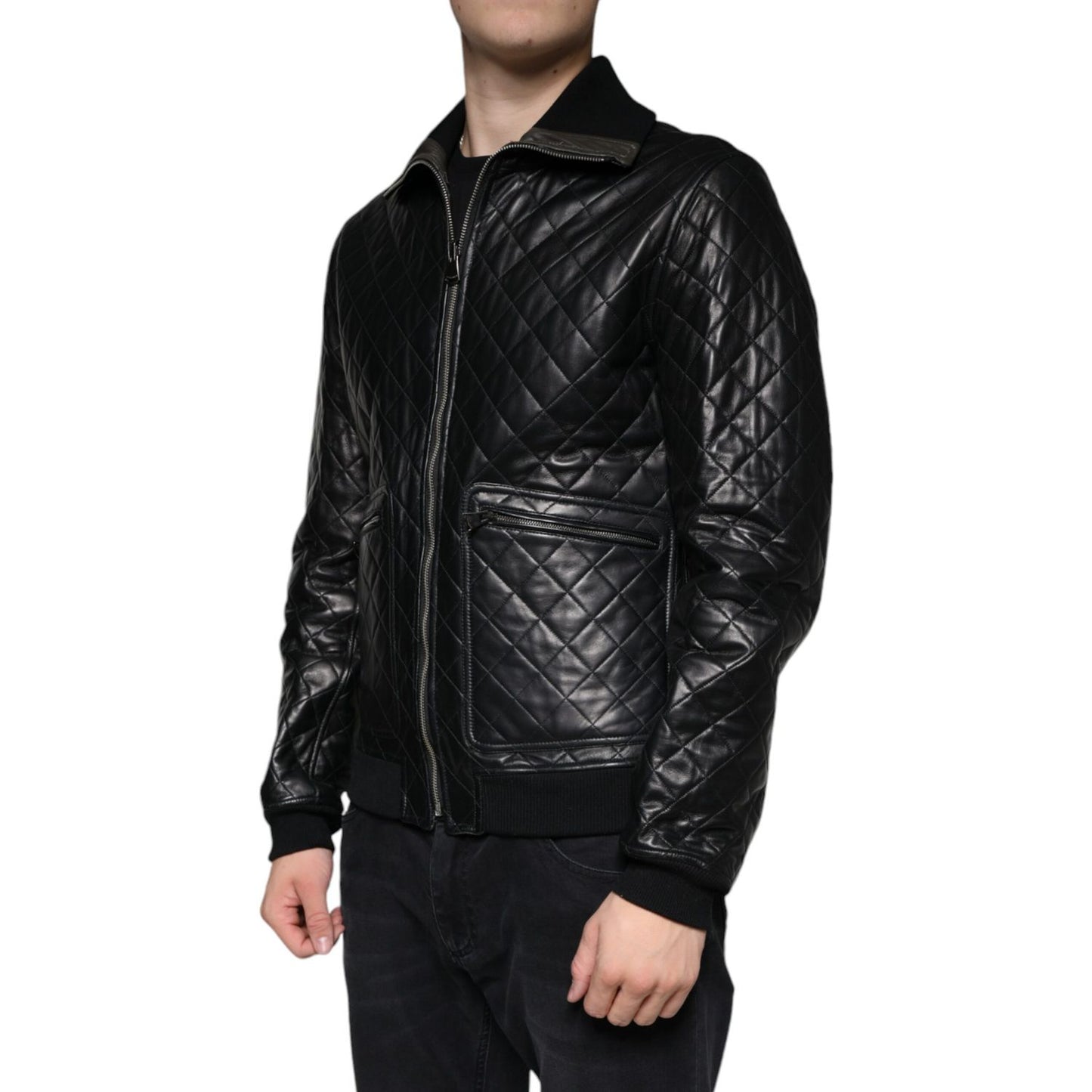 Dolce & Gabbana Black Calf Leather Quilted Full Zip Jacket