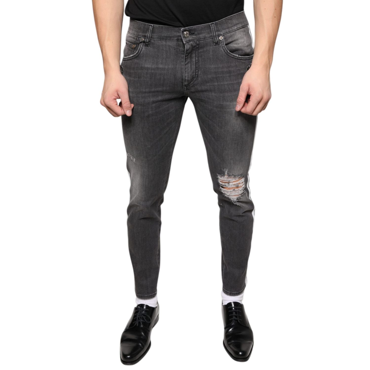 Dolce & Gabbana Black Tattered Cotton Skinny Men Denim Jeans
