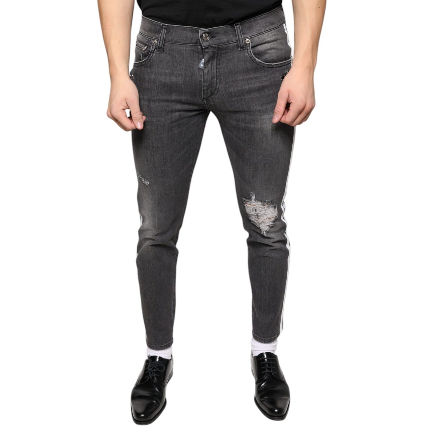 Dolce & Gabbana Black Tattered Cotton Skinny Men Denim Jeans