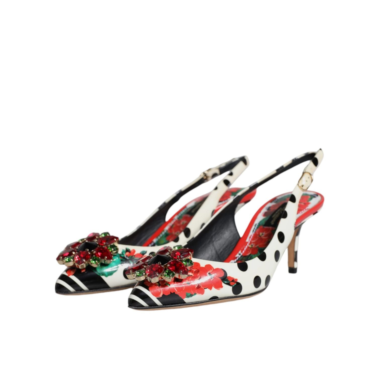 Dolce & Gabbana Multicolor Leather Crystal Heels Slingback Shoes