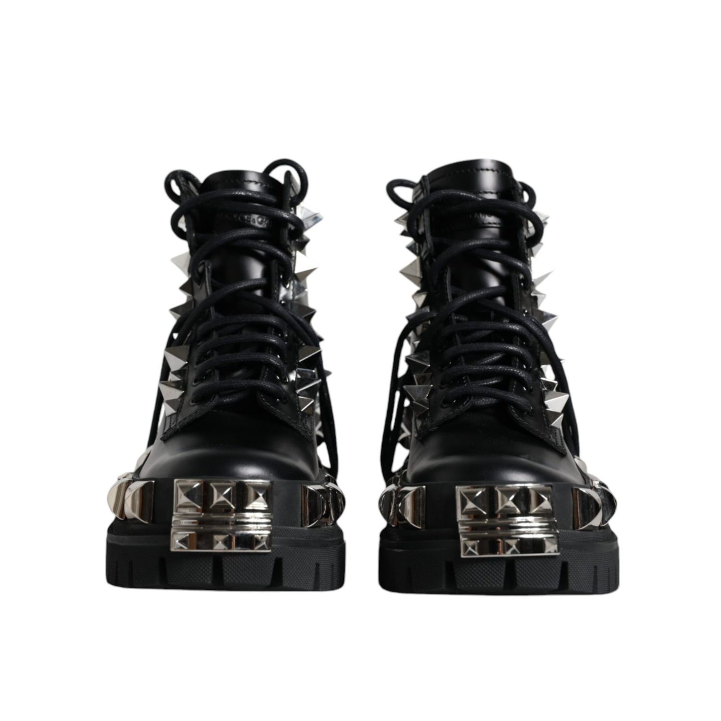 Dolce & Gabbana Black Leather Studded Trekking Boots Shoes