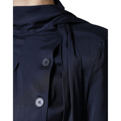 Ballantyne Dark Blue Long Sleeves Pleated A-line Maxi Dress