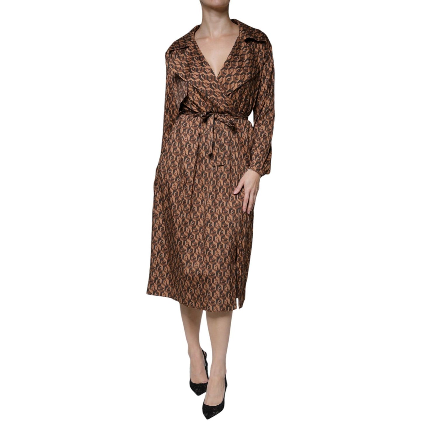 Ballantyne Brown Printed Long Sleeves V-neck Wrap Midi Dress