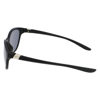 Side view of Nike Black Injected Sunglasses for women, showing sleek black frame and grey lens, UV filter 3, with measurements 57/16/140 mm.