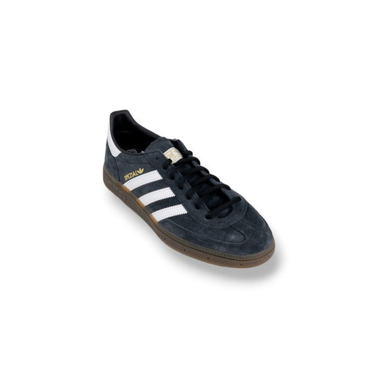 Adidas Black Suede Leather Sneaker with white stripes and rubber sole, ideal for sporty and urban style, showcasing durability and comfort.
