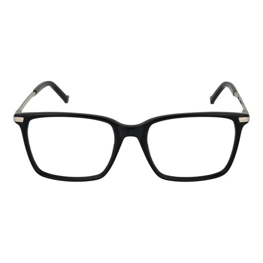 Hackett Black Men Glasses Frame, square full-rim plastic eyewear with demo lenses, 56mm size, sleek design for men, includes branded case.