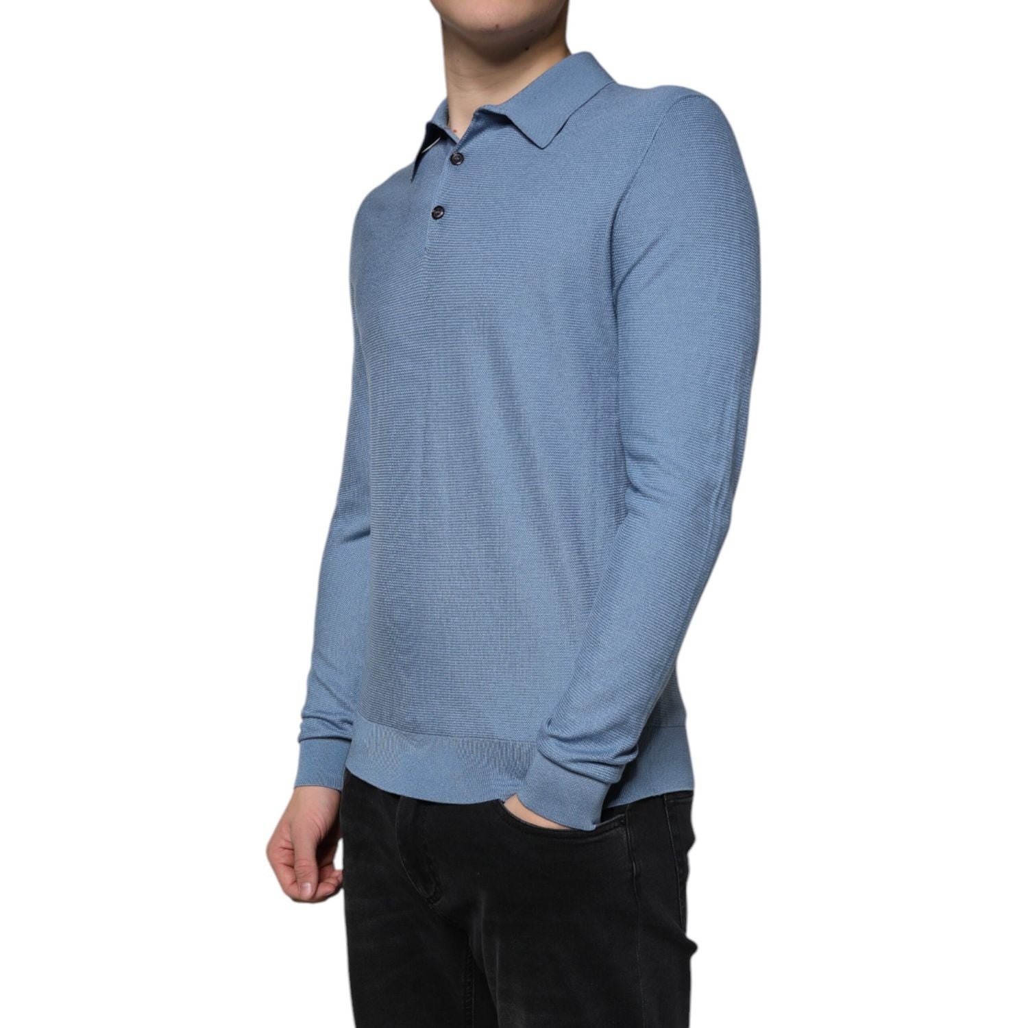 Dolce & Gabbana Sky Blue Silk Collared Men Pullover Sweater