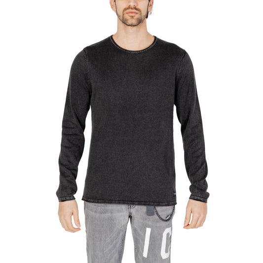 Jack Jones Black Cotton Sportswear sweater with crew neck and long sleeves, modeled for casual refined look, ideal for everyday wear.