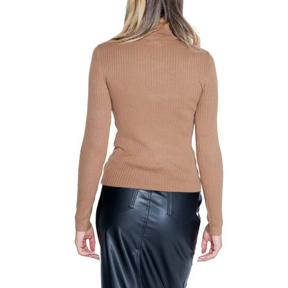 Back view of woman wearing Jacqueline De Yong Brown Viscose Sweatshirt with roll neck and long sleeves.