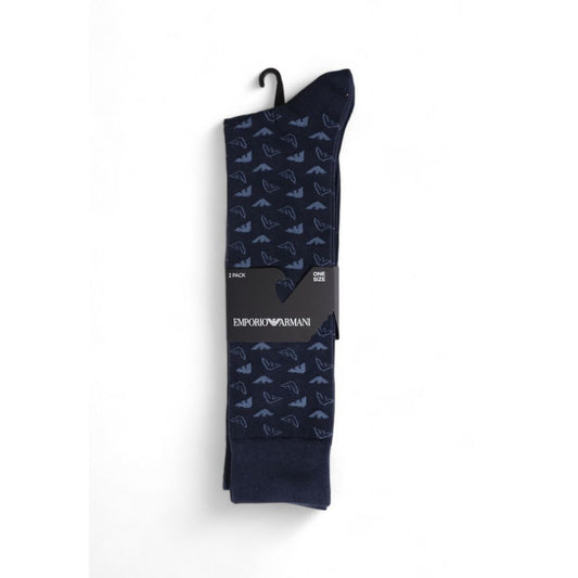 Emporio Armani Underwear Blue Cotton Sock 2-pack, featuring soft and durable long socks for men in navy with signature logo pattern. 100% cotton.