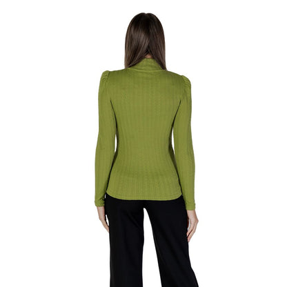 Back view of B.Young Green Polyester Long Sleeve T-Shirt with ribbed texture and high neck.