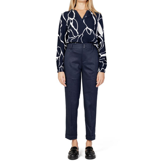 Woman wearing Street One Blue Viscose Pant with high waist and double button fastening, showcasing casual elegance and comfort.