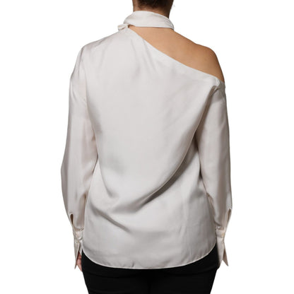 Brunello Cucinelli Beige Silk Ascot Collared Long Sleeves Top