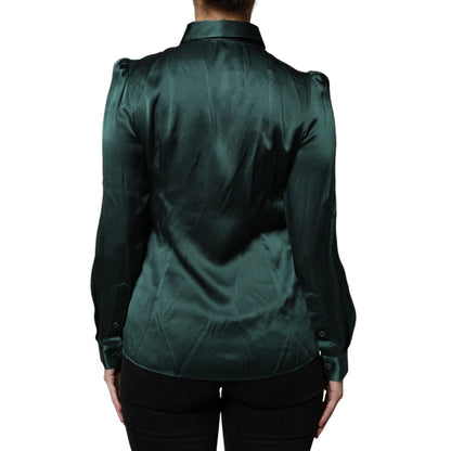 Dolce & Gabbana Dark Green Silk Button Down Long Sleeves Blouse Top