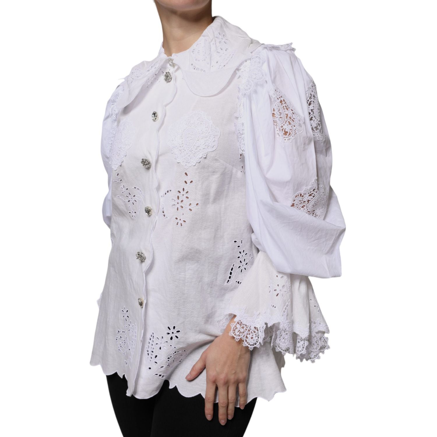 Dolce & Gabbana White Cotton Lace Trim Collared Blouse Top