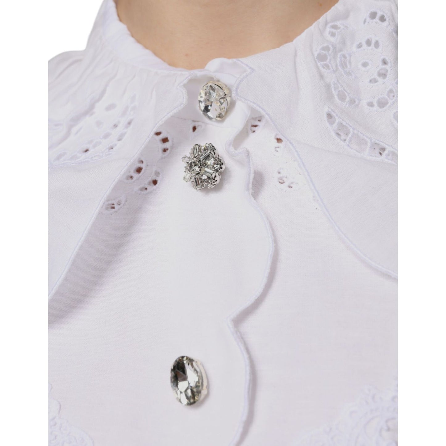 Dolce & Gabbana White Cotton Lace Trim Collared Blouse Top