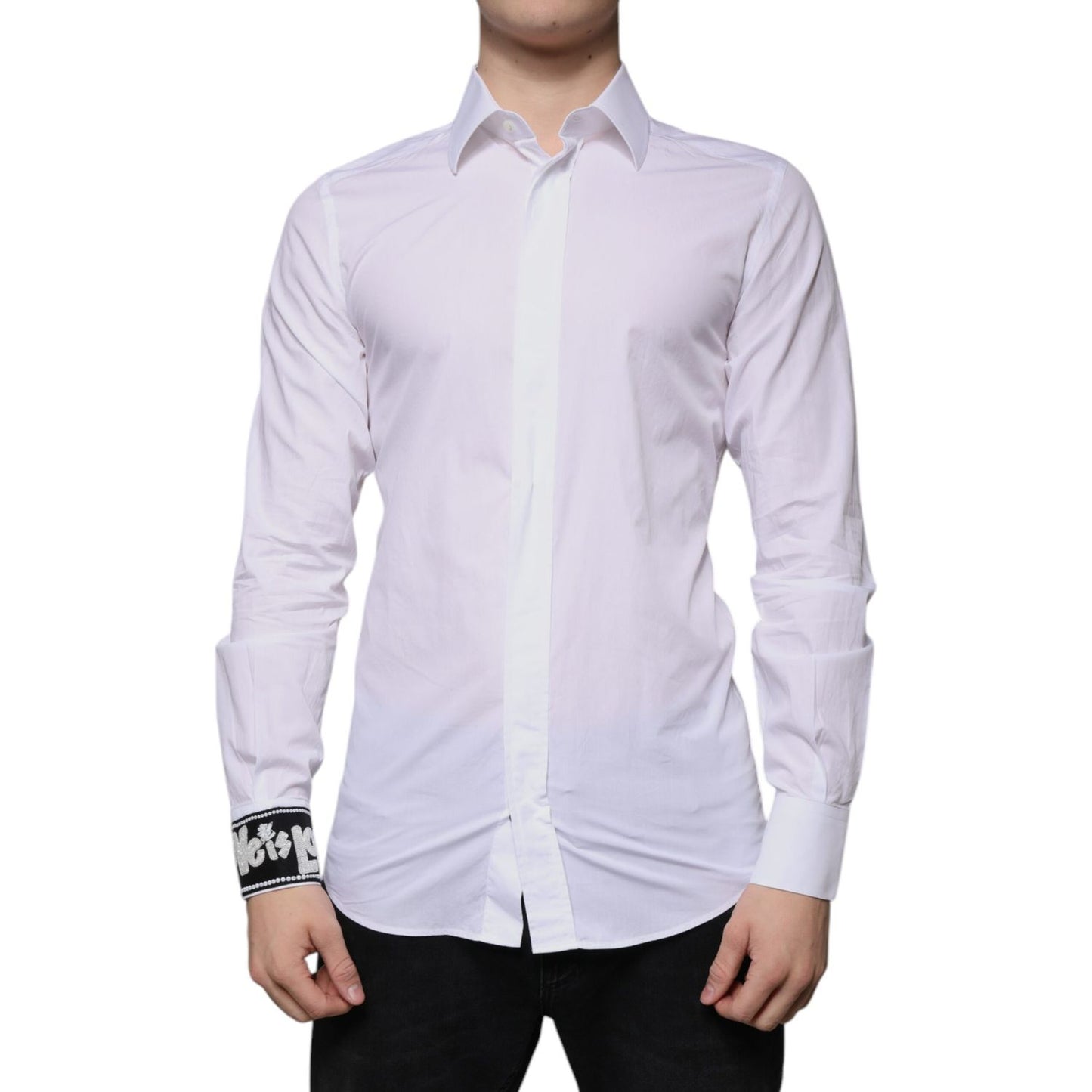 Dolce & Gabbana White Cotton Slim Fit Men GOLD Dress Shirt