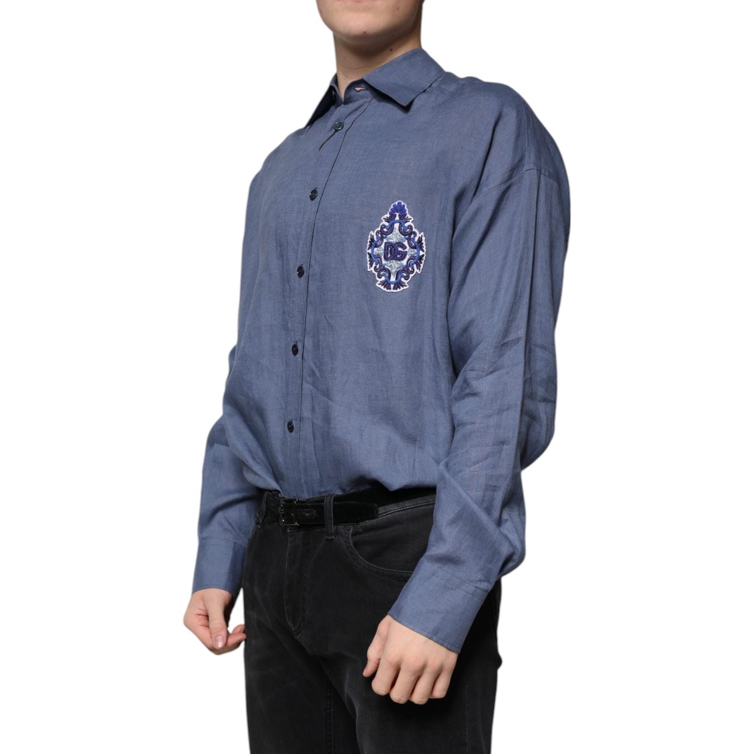 Dolce & Gabbana Blue Logo Long Sleeve Button Down Casual Shirt