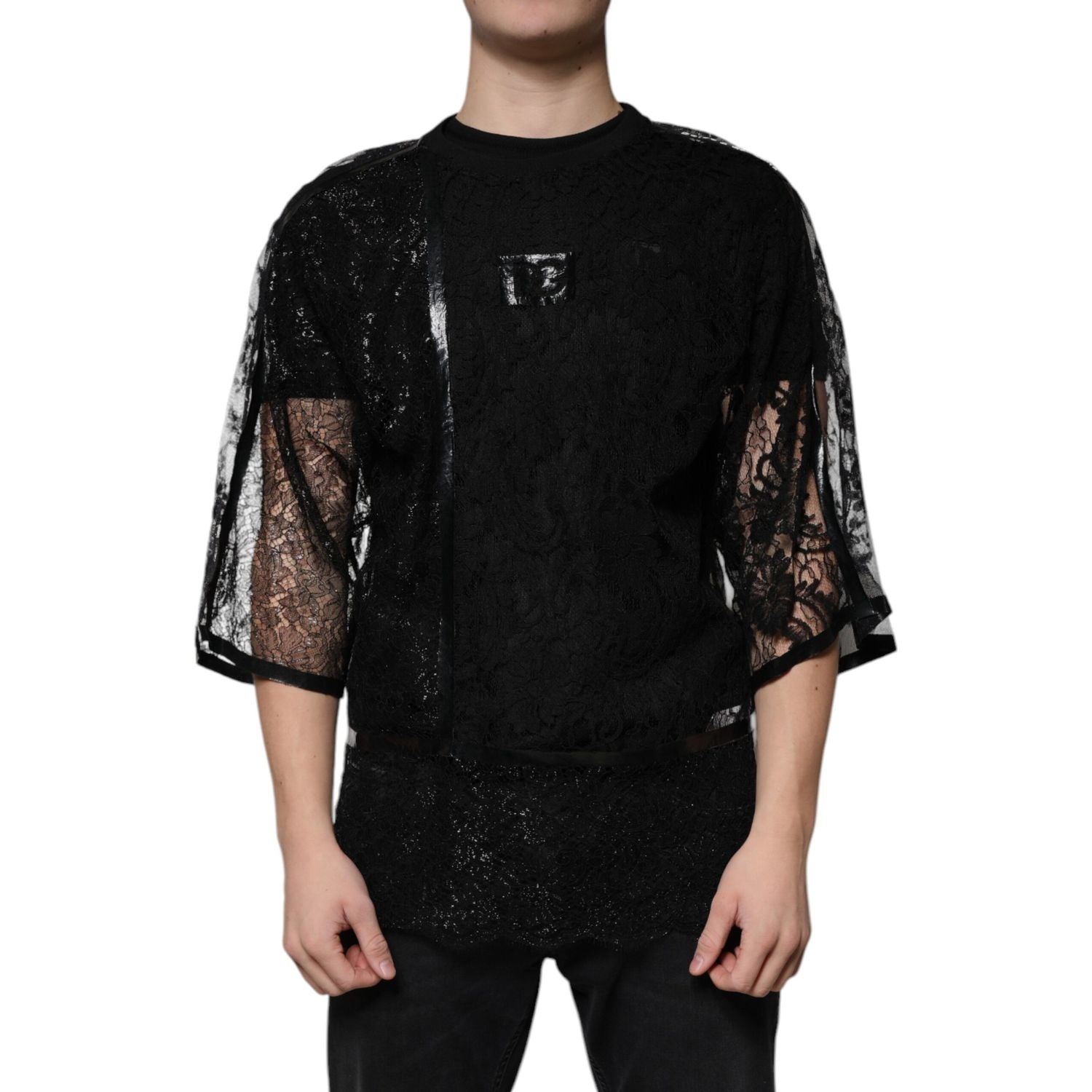 Dolce & Gabbana Black Nylon Floral Lace Crew Neck T-shirt