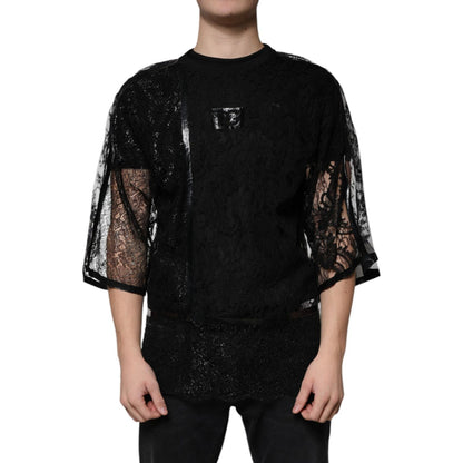 Dolce & Gabbana Black Nylon Floral Lace Crew Neck T-shirt