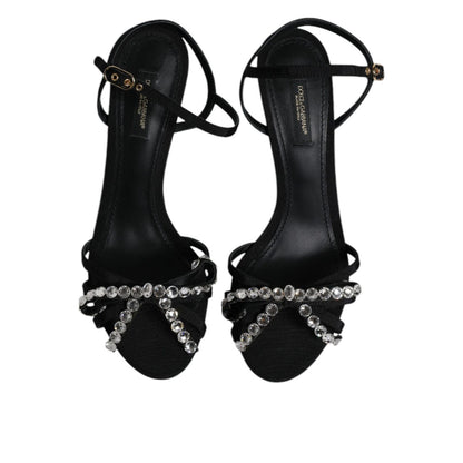 Dolce & Gabbana Black Leather Crystal Bow KEIRA Sandals Shoes