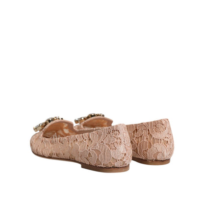 Dolce & Gabbana Beige Lace Crystal Ballet Flats Loafers Shoes