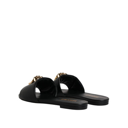 Versace Black Leather Logo Plaque Slip On Slides Flats Shoes